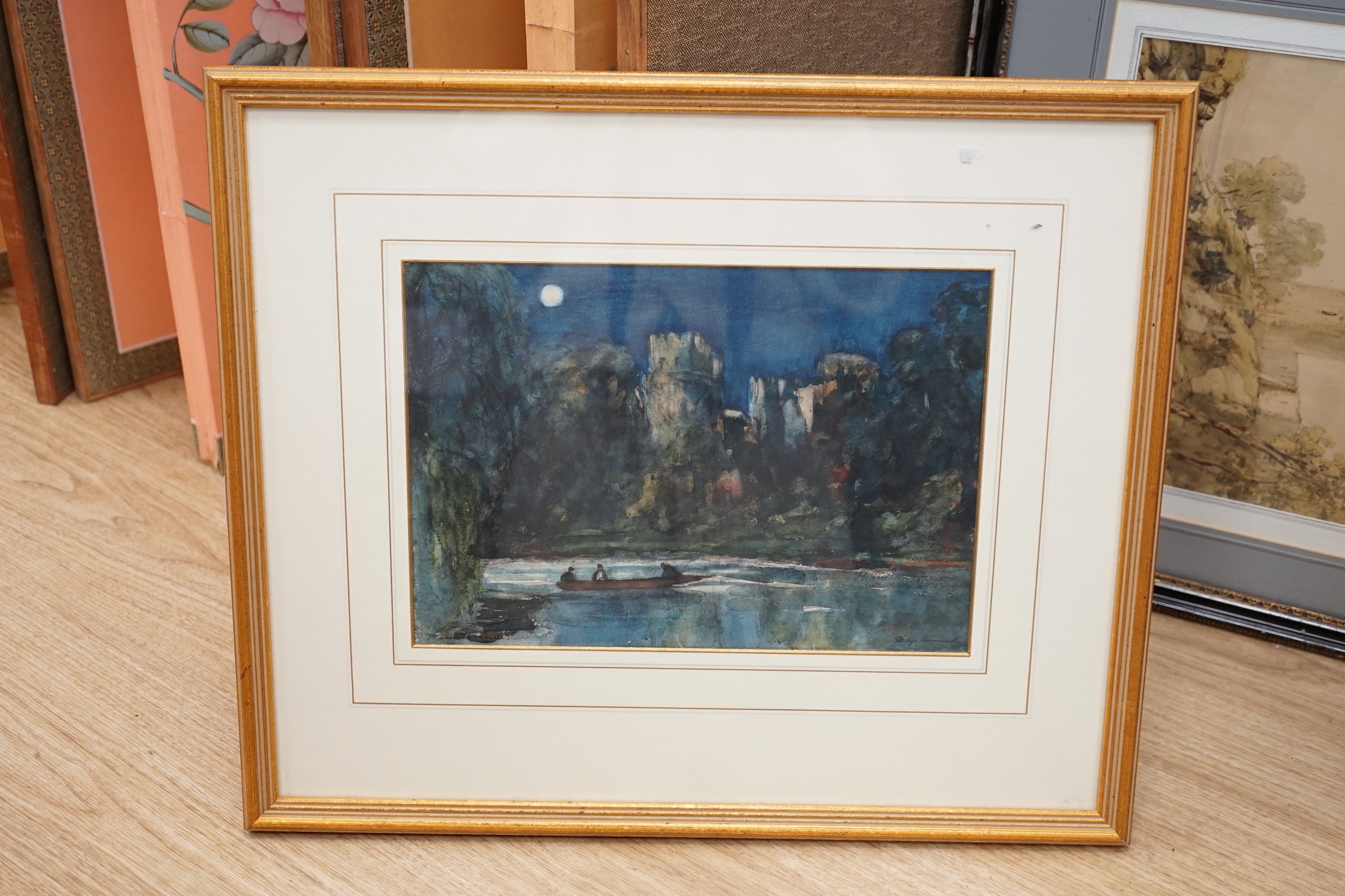 Philip Connard (1875-1958), watercolour, Moonlit scene with figures in a punt and a castle, signed, 23 x 33cm